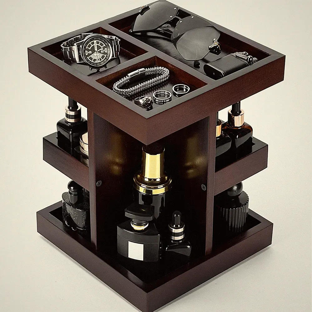 3 Tier Rotating Wooden Cologne Organizer for Men, Desk Perfume Stand, Birthday